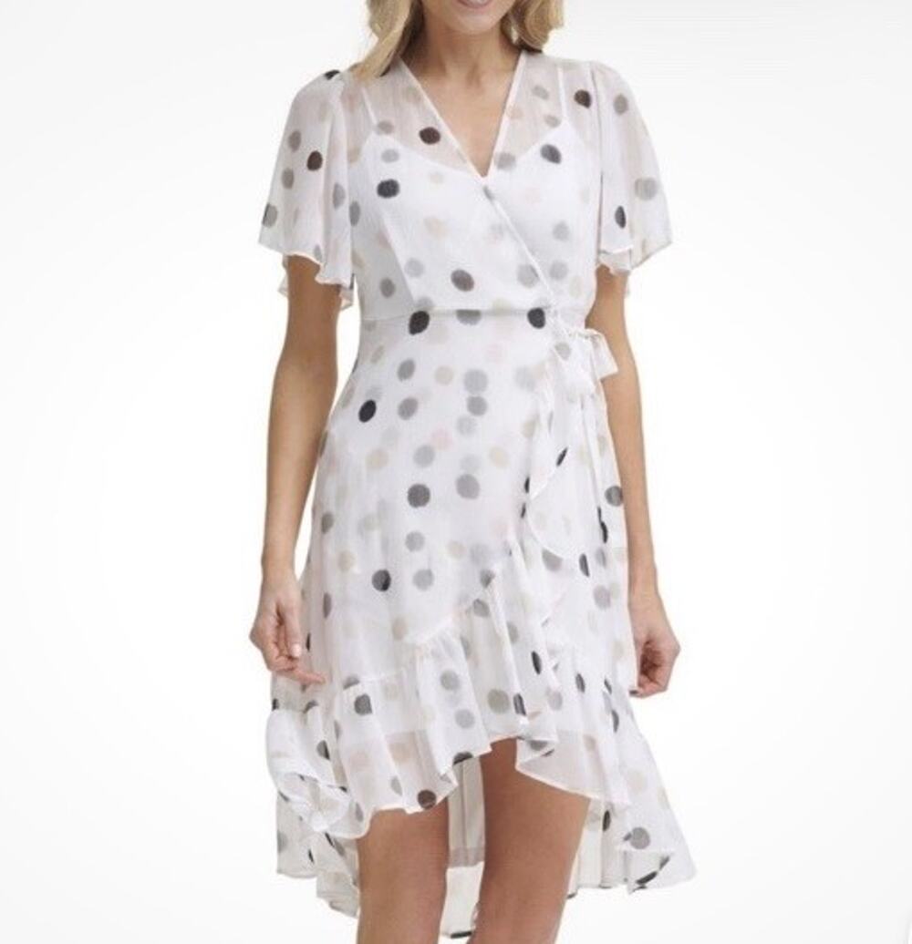 Calvin Klein Sheer High-Low Flutter Sleeve Midi Dress Sz 8 Faux Wrap Feminine